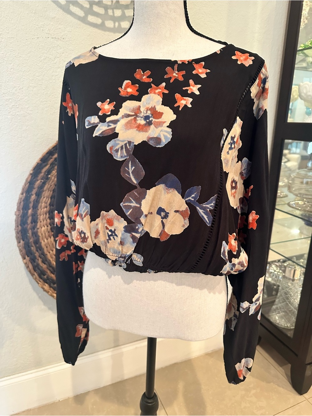 Navy Blue Floral Long-Sleeve Women's Blouse